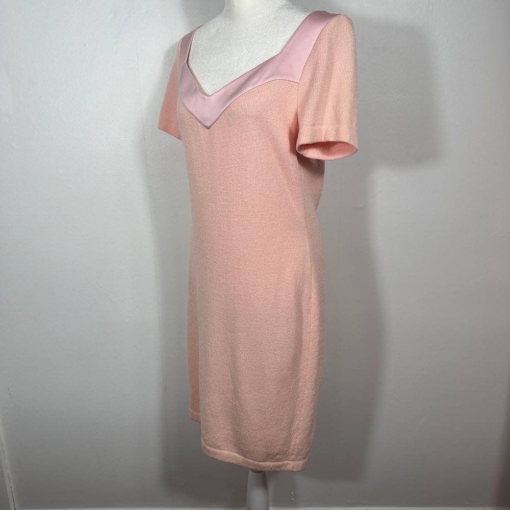 St. John Evening Dress Womens 6 Pink Knit Satin Trim Sheath Short Sleeve‎